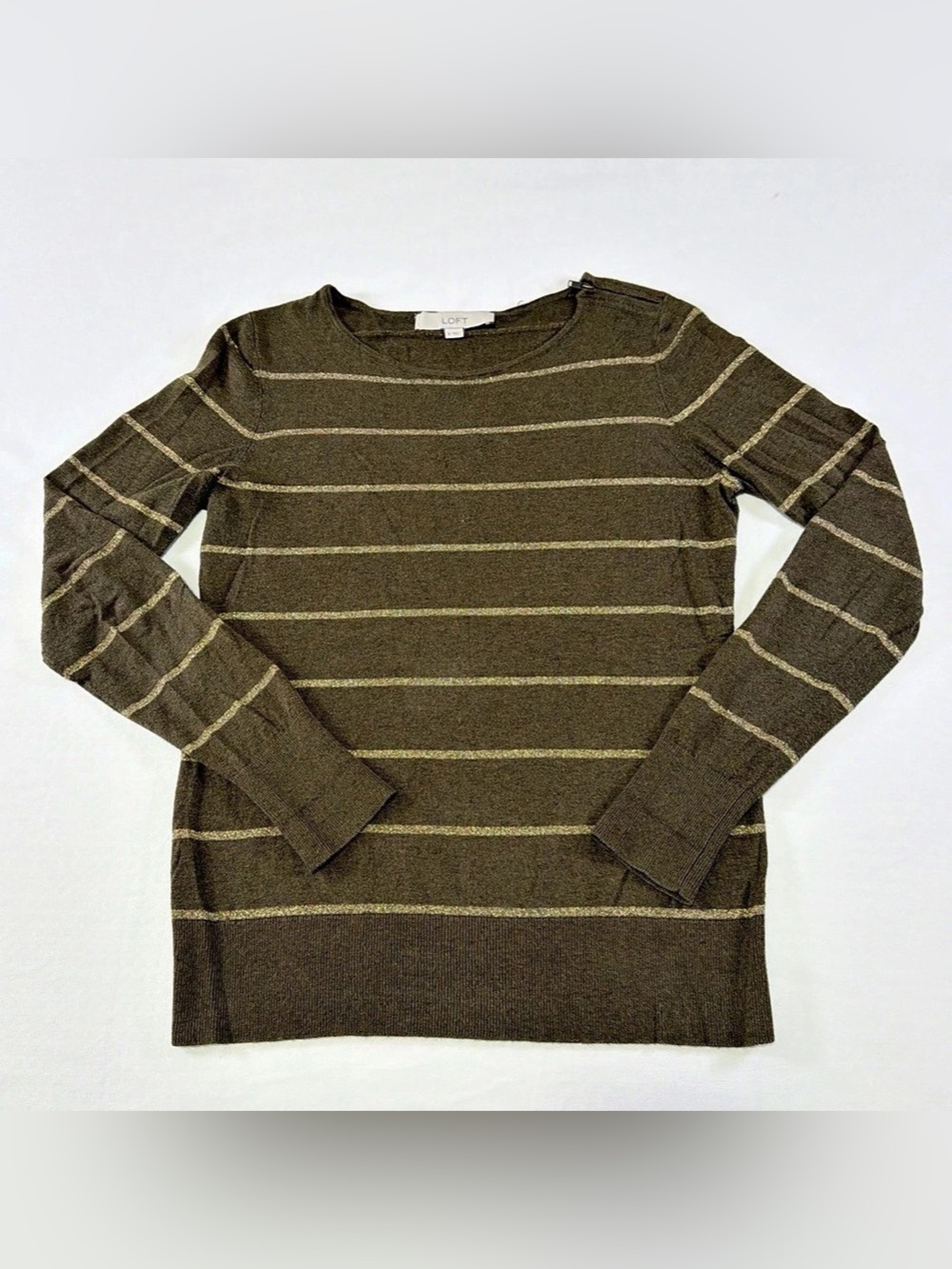 Loft Striped Crew Neck Sweater Olive Green Gold
